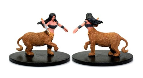 Pathfinder large base, Lamia mini-figure, featuring a woman with long black hair riding a lion from Paizo Publishing and WizKids, detailed prepainted miniature for fantasy roleplaying campaigns, part of the Rise of the Runelords set.