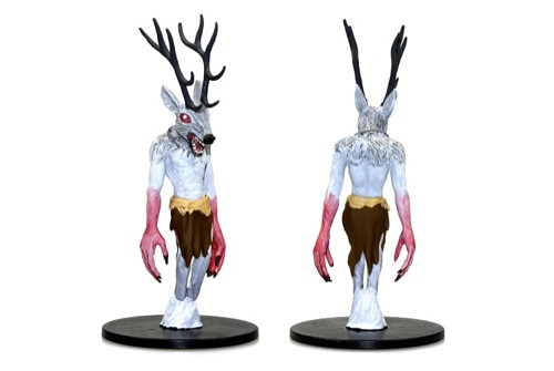 Pathfinder Rise of the Runelords: Wendigo large-scale prepainted fantasy miniature, featuring white, pink, and brown tones with antlers, on a black base, created by Paizo Publishing and WizKids, suitable for fantasy roleplaying campaigns.
