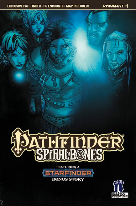 Pathfinder—Spiral of Bones #1 (Paizo.com Exclusive) shows five figures—a male human fighter, two other men to his right and two women to his left—standing in a shadowy chamber that obscures many details.