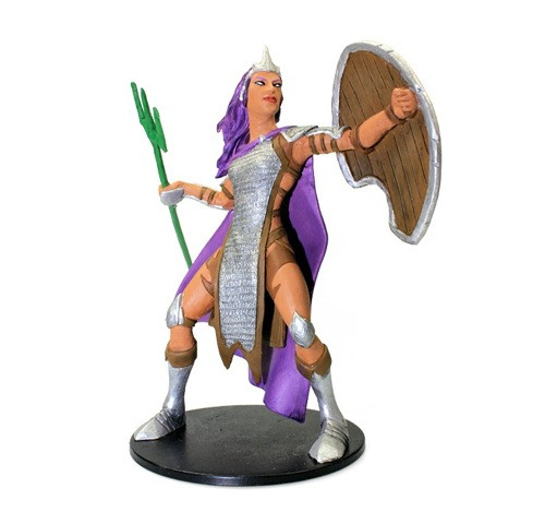 An image of a storm giant with striking purple hair and cloak. Her left arm is outstretched bearing a shield while her right arm is held back ready to throw a powerful trident. (Front View)