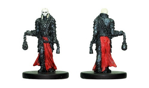 An image of a Kuthite cleric dressed in black armor, chains, and a sweep of red fabric. (Front and Rear Views)