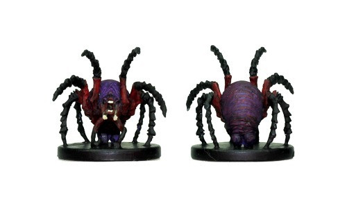 An image of Shriezyx, a wicked looking, bulbous-bodied, purple and red spider, spindly forelegs raised in challenge. (Front and Rear Views)