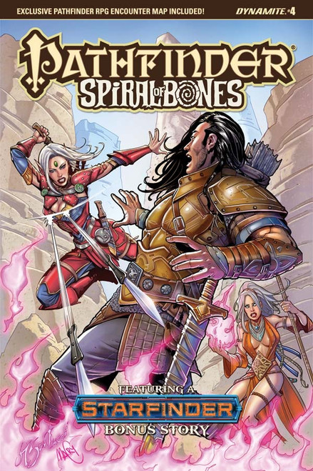 Pathfinder—Spiral of Bones #4 (Standard Cover—Marco Santucci) shows a male human fighter standing amid pink flames, reacting in shock as a female human sorcerer and a female elven rogue leap forward from the surrounding badlands to attack him.