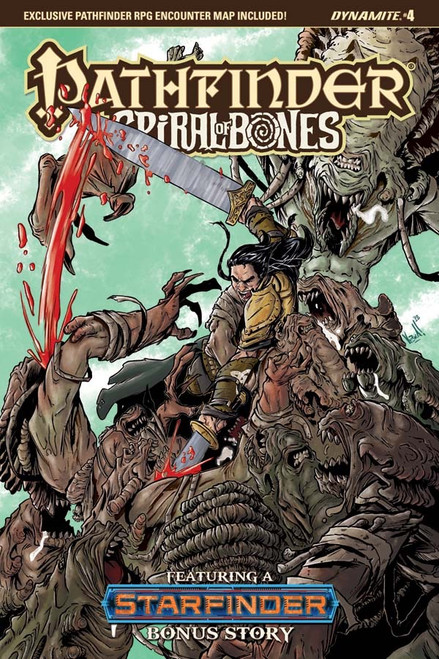 Pathfinder—Spiral of Bones #4 (Standard Cover—Vincenzo Federici) shows a male human fighter in bloody combat against several brown, humanoid monsters with toothy mouths that are working together to try to overwhelm him with greater numbers.