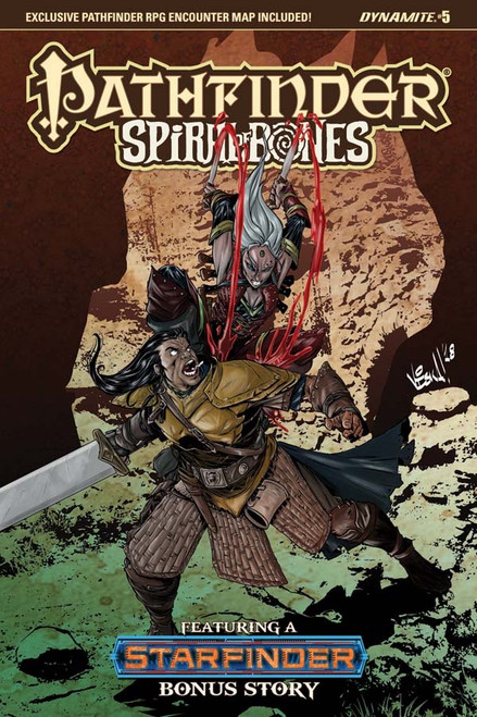 Pathfinder—Spiral of Bones #5 (Standard Cover—Vincenzo Federici) shows a rugged canyon in which a male human fighter being attacked from behind by a female elven rogue who’s stabbing him bloody with two knives