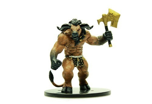 With eyes blazing red and magical runes glowing on its horns, this mighty beast has the body of a man and the head of a bull. In his left hand he holds aloft a golden axe. (Front View)