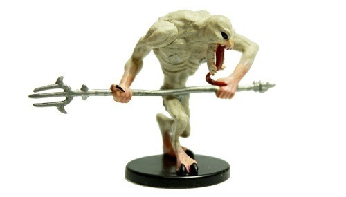 This hairless humanoid lurches on back-bent, dog-like legs, its hideous mouth flanked by tiny arms with three-fingered hands. Marching forward, it carries a trident. (Front View)