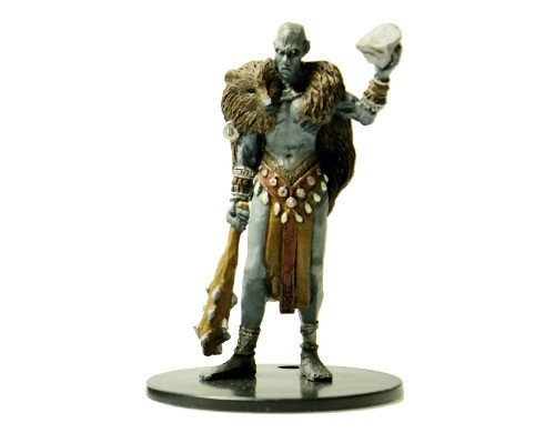 An image of a lithe, regal stone giant in a fur mantle. One hand holds a massive club while the other holds up a boulder. (Front View)