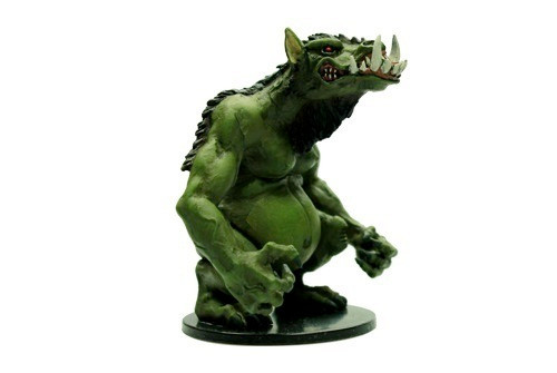 An image of a large, green, pot-bellied troll with iconic tusky, Pathfinder underbite. (Side View)