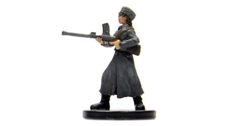 An image of a World War One era Russian human soldier in uniform holding a machine gun. (Side View)