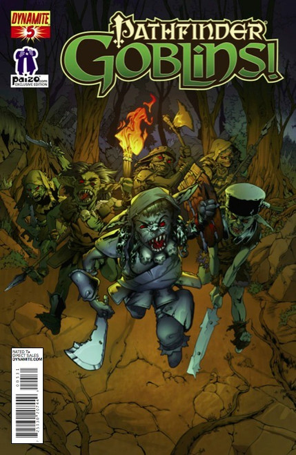Pathfinder: Goblins! #5 (paizo.com Exclusive) shows several goblins armed with weapons and scrappy armor racing forward through a forest after dark.