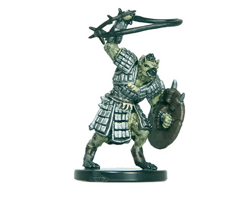 An image of a domineering gnoll slaver in scaled armor, a shield on one arm and a long, wicked whip raised in the other ready to lash out. (Front View)