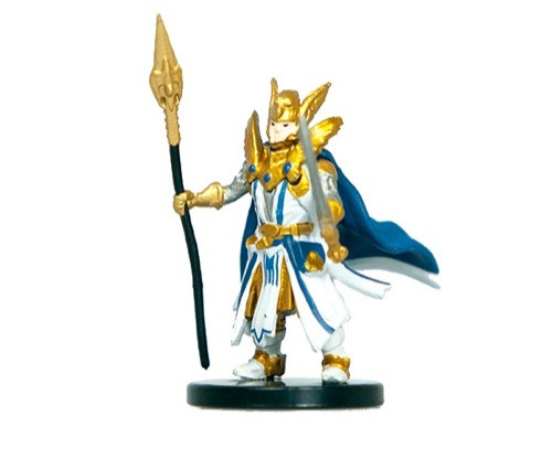 An image of a paladin of Abadar resplendent in shining white and gold with blue accents. (Front View)
