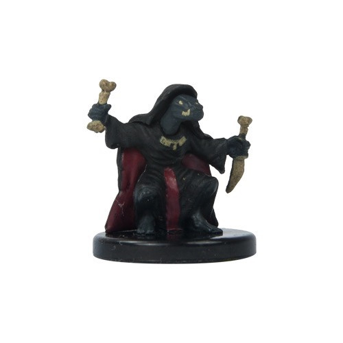 Pathfinder brand miniatures figure, Kobold Devilspeaker, small base, features a hooded kobold with bone clubs and dagger, in black and red colors, perfect for Pathfinder Battles or tabletop gaming collections.