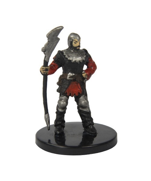 Pathfinder promotional Thrune Guard figure on medium base, wearing silver helmet, armor, and holding battle-axe, on sleek glossy black base, featuring a detailed medieval fantasy character, by Pathfinder Battles 2016.