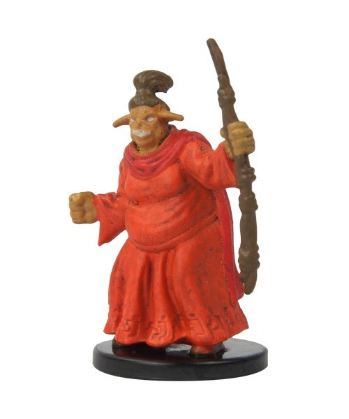 Pathfinder Battles Rusty Dragon Inn Bugbear Mystic, a medium-sized miniature figure from the Pathfinder brand, donning a vibrant red robe and holding a dark wooden staff with pointed ears and clenched fist on a black base.