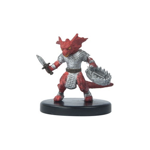 Pathfinder Kobold Trapmaker, detailed small-scale tabletop gaming miniature figure with red and white scales, brandished sword and shield, posed on a black base for Pathfinder Battles miniature campaign.