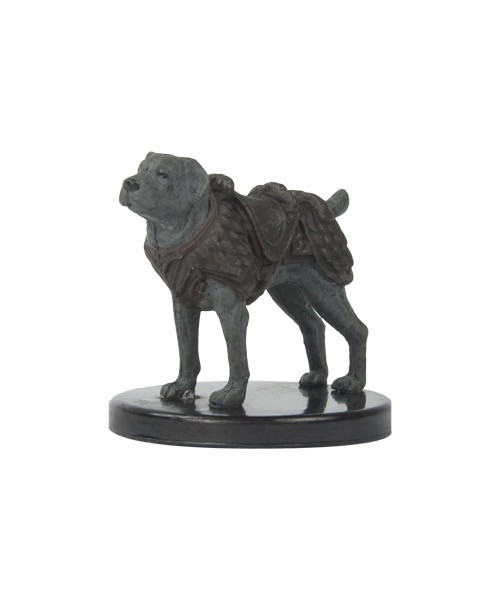 Pathfinder Battles—Rusty Dragon Inn: Riding Dog, a medium size miniature from the world of Golarion, featuring a dark gray figure with saddle and backpack on a circular base, made by Pathfinder miniatures Brand.