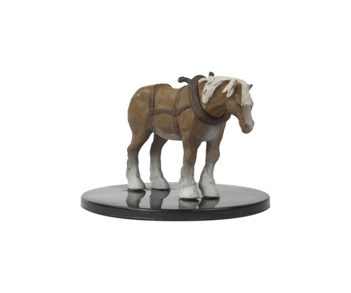 Pathfinder Battles Draft Horse mini-figure, a large, brown with white markings, standing on a black base, featuring a harness, from the Rusty Dragon Inn series, perfect for Pathfinder Battles campaigns.