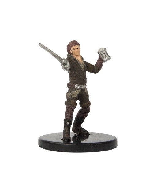 Pathfinder Battles—Rusty Dragon Inn: Cayden Cailean, a medium-sized, brown-haired figure in leather armor, holding a sword and mug, standing on a black base, produced by Pathfinder Battles.