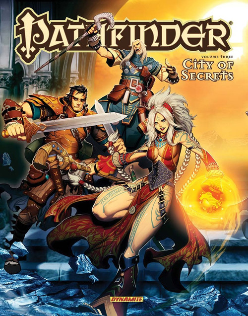 Pathfinder Volume Three: City of Secrets Hardcover shows a female human sorcerer, a male human fighter, and a male human wizard gathered together to adventure in a mysterious city.