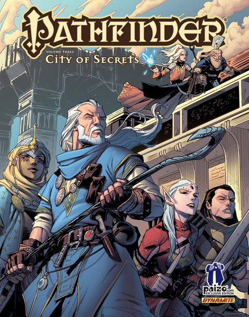 Paizo.com exclusive Pathfinder Volume Three: City of Secrets hardcover book, featuring four medieval characters with swords amidst city backdrop, with the Pathfinder and Paizo logos displayed prominently.