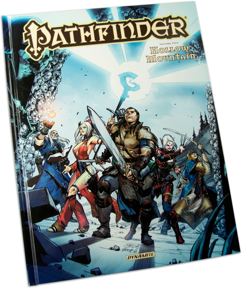Pathfinder, Volume 5: Hollow Mountain shows a group of adventurers gathered together as they enter an ominous archway; one of the adventurers holds high a glowing staff to light the way.