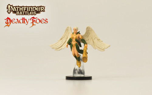 Pathfinder Battles—Deadly Foes: Celestial Trumpeter, a medium-sized, medium-toned skin figurine with white wings, green attire, and gold accessories, featuring gold accessories on a clear base, an uncommon collectible miniature from Pathfinder.