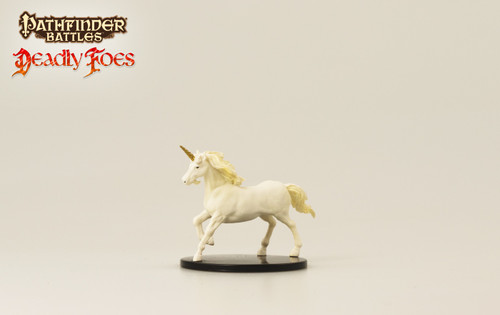 Pathfinder Battles Deadly Foes Unicorn, a Large white miniature on black base, featuring gold horn and mane, from the Pathfinder series based on Golarion, Uncommon rarity, part of the Pathfinder Battles miniatures campaign