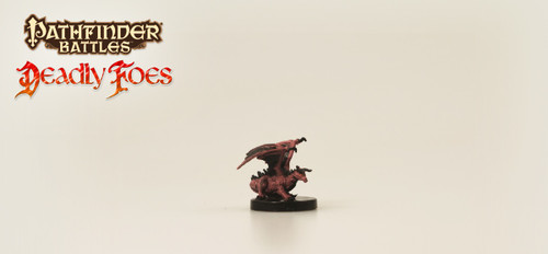 Pathfinder Deadly Foes House Drake miniature, a rare figure from Golarion series, measures small on black base, showcasing a red and black, dragon-like creature with wings, featuring Pathfinder brand miniatures.