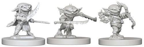 An image detailing the three goblin figures included in this pack. Left goblin has an open mouthed, toothy grin, a leather cap, and two blades held out. Middle goblin has pierced ears and leans forward with two blades ready to fight. Right goblin holds a bow in the left hand and holds the right arm back as if having just fired a shot. (Front View)