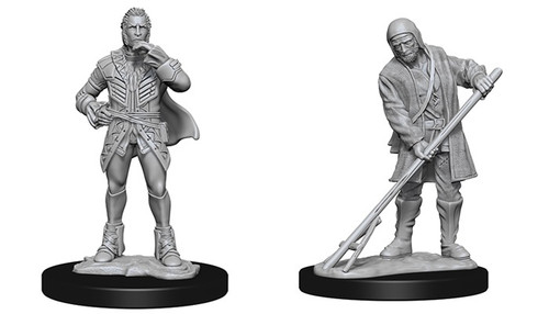 An image of the two included miniatures (Farmer / Aristocrat). On the left is the aristocrat in ornate, ostentatious noble clothes with one hand on his chin thoughtfully. On the right is a farmer in practical work clothing and cap, poking at the ground with a crude pitchfork. (Front View)