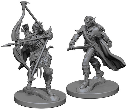 An image of two versions of male, elf fighter. On the left features an elf fighter in full armor with a quiver on his back stepping forward while drawing an ornate bow. The right fighter has long hair and wears comfortable adventuring gear and a cloak, a blade held forward in one hand. (Front View)