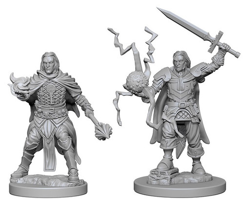 An image of the two versions of cleric included in this pack. The left version the cleric wears ornate chain over clerical clothes while wielding a mace in the left hand and a spell in the right. The right version wears more traditional armor while holding a sword aloft over his head with the left hand and a more vibrant, electric spell in the right. (Front View)