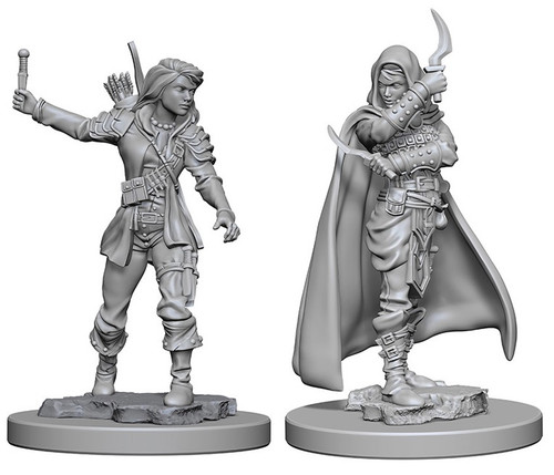 An image of the two versions of human female rogue included in this pack. The left version has her hair down and wears comfortable adventuring gear while holding a throwing knife at the ready; a bow and quiver can be seen on her back. The right version she stands straight and tall, shrouded in a long, hooded cloak, her arms crossed in front of her with each hand holding a curved knife ready to slash outwards. (Front View)