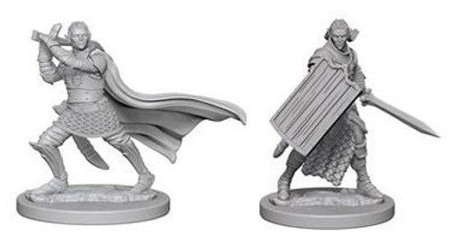 An image of the two included versions of elf male paladin. The left version is heavily armored and posed dynamically mid swing with his longsword, cape billowing out behind him. The right version stands more defensively behind a large tower shield, sword held out to the side in his left hand. (Front View)