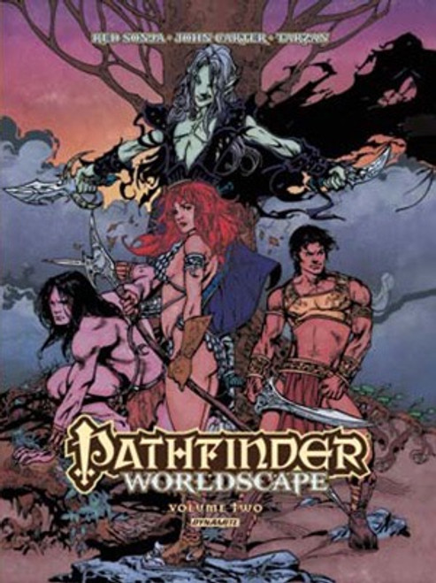 Pathfinder—Worldscape: Volume 2 shows three scantily clad heroes–a male human barbarian, a female human warrior, and a male human gladiator, standing in front of a spooky pale-blue skinned humanoid in black robes, all in front of a dead tree during an overcast sunset.