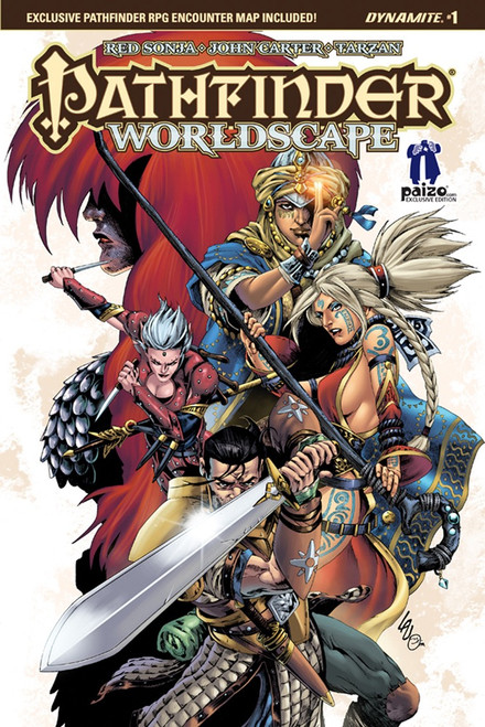 Pathfinder, Volume 6: Worldscape (Paizo.com Exclusive) Hardcover shows a group of several heroes, all in battle poses, while in the background we see a profile image of a red-haired human warrior at a much larger scale than the foreground heroes.