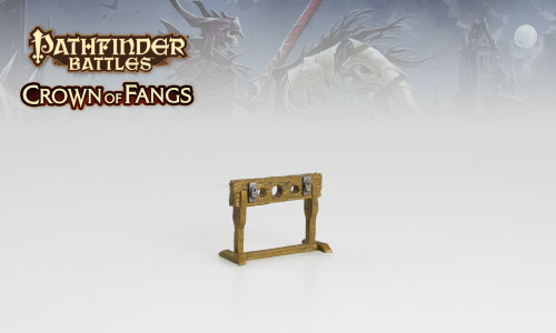 An image of wooden stocks, empty and waiting for a captive. (Front View)