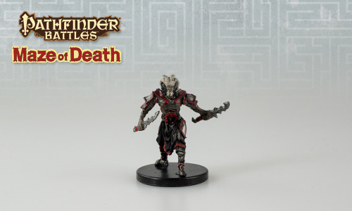 An image of a pitborn fighter stalking forward menacingly, a wicked blade in each hand. (Front View)