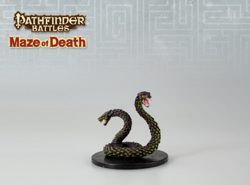 This large snake has two heads, one at each end of its long, coiling body. Both display large sets of fangs. (Front View)