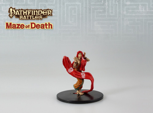 A single huge eye stares from the forehead of this nine-foot-tall giant. She dances in airy orange robes, a long, flowing red scarf covering her head and flowing around her body. (Front View)