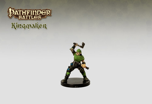 A bandit from the Stolen Lands in dark armor and bright green cowl, each hand bearing a hand axe ready to strike. (Front View)