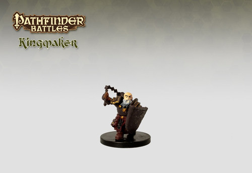 An image of Harrim, a gray-bearded dwarf cleric of Groetus, lord of the end times, found traveling in the Stolen Lands. He wears encompassing, heavy armor and a tall shield. His right hand is held high, swinging his gruesome morning star, while the light gleams on his bald head. (Front View)