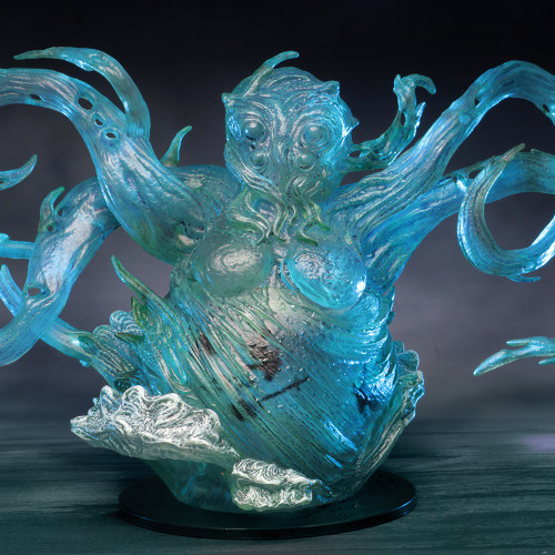 This translucent creature’s shape shifts between a spinning column of water and a crashing wave, its wild tendrils of water waving haphazardly. (Front View)