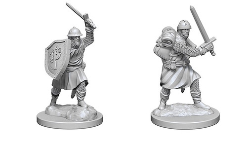 An image of the two included versions of infantryman. The left version wears a tabard over full chainmail with a rounded helmet while stalking into battle with sword held high in their left hand and shield worn protectively on their right arm. The right version wears the same chain and tabard combo as well as a helmet, but also with an adventurer's pack on their back, and both of their hands are firmly on the hilt of their sword held at the ready. (Front View)