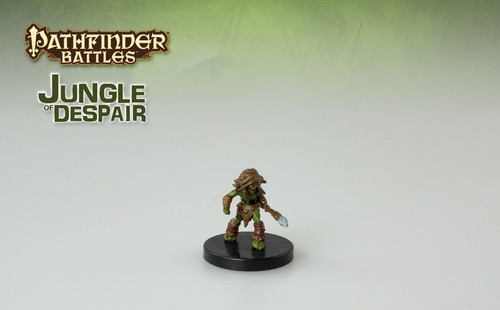 Short, thin, and green, this small humanoid wields a spear. Tendrils of fungus dangle from its arms, midsection, and legs. (Front View)