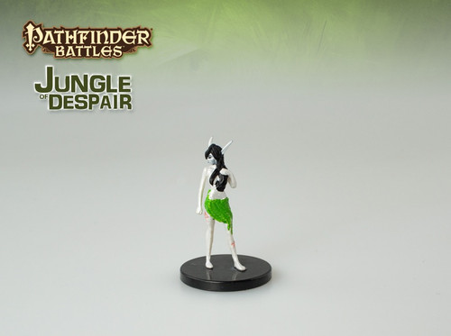 A delicate figure appears wearing a green wrap around her waist, her long ears tapering to points above her head through her thick black hair, her beauty painful in its perfection. (Front View)