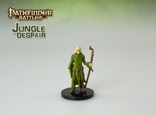 An image of a severe looking, blonde elf druid in encompassing green robes, holding a tall, thin wooden staff. (Front View)