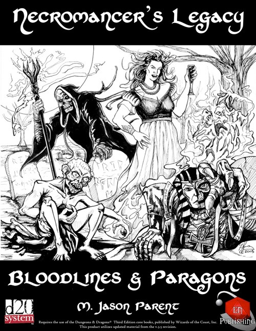Necromancer's Legacy - Bloodlines & Paragons PDF tabletop game cover in black and white, featuring a hooded figure, woman, and skulls, with gothic font title and D20 System logo by M Jason Parent, 8.5x11 inches.